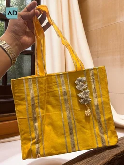 Premium Fabric Gift Bag with Silver Leaf Latkan - Gold, MOQ 10