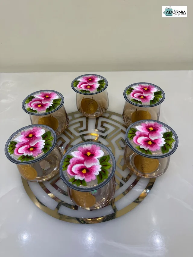 Glass Coasters with Embroidered Floral Tops - Pink Floral