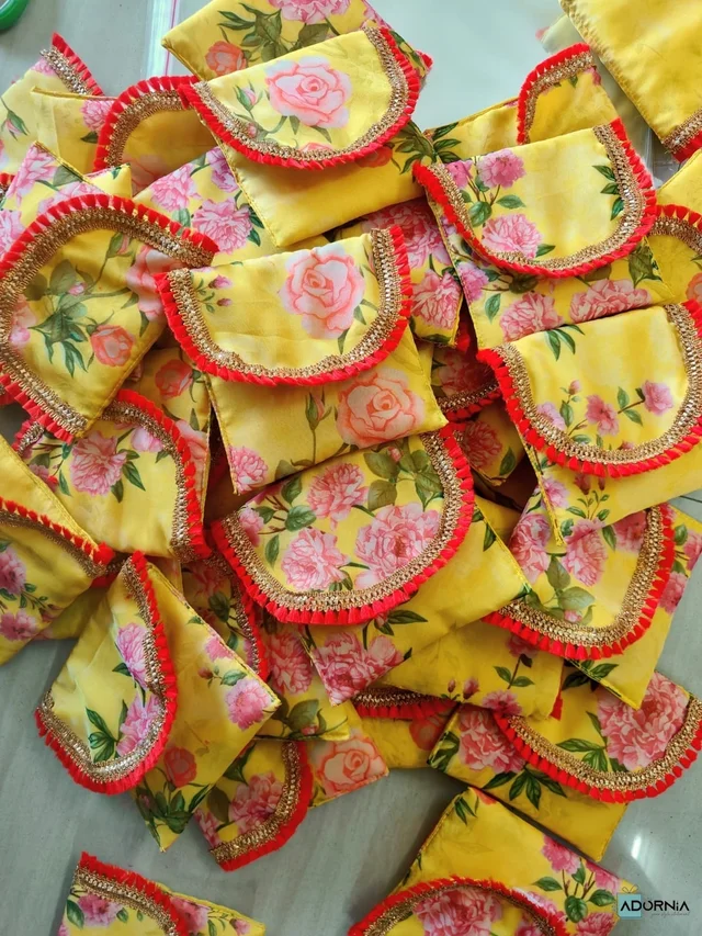 Floral Organza Gift Pouches with Red-Gold Trim