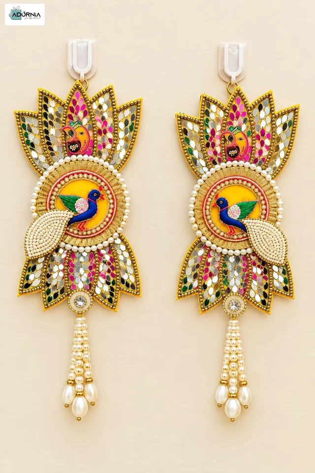 Peacock Pearl and Mirror Work Side Hangings, Pair, 15 Inch