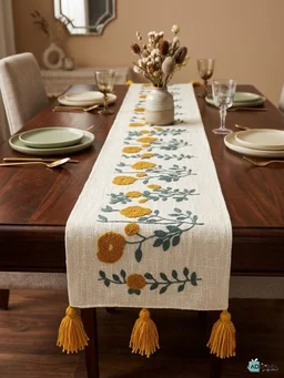 Embroidered Table Runner with Tassels - 13 x 72 inches - Green Clover Vine
