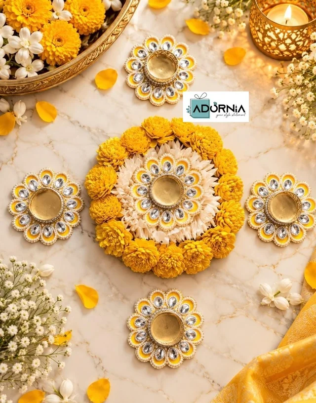Sola Wood Flower Rangoli Set with 5 Tea Light Holders - Yellow