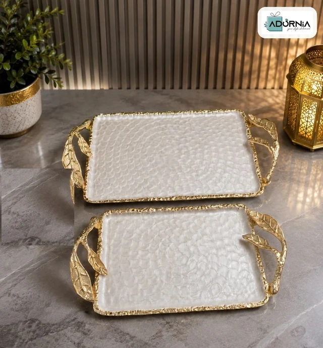 White Golden Embossed Border Serving Tray With Handle - Big 15x10 Inch