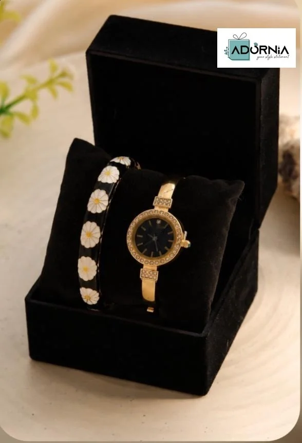 Gold-Tone Round Watch and Floral Bracelet Gift Set
