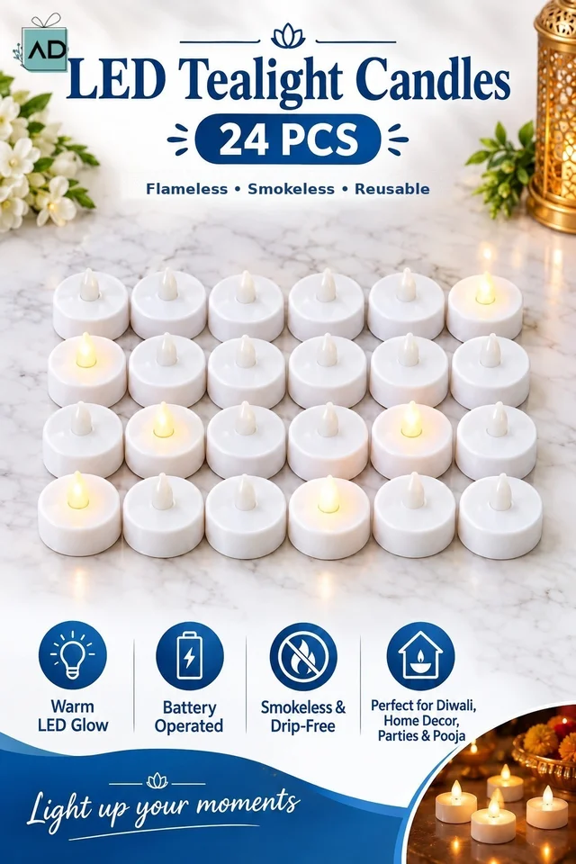 LED Tealight Candles - Set of 24 (Warm White, Battery Operated)