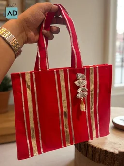 Premium Fabric Gift Bag with Silver Leaf Latkan - Gold, MOQ 10