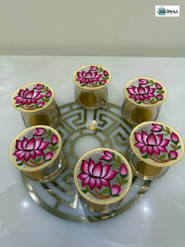 Glass Coasters with Embroidered Floral Tops - Pink Lotus