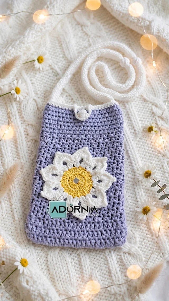 Crochet Chick Motif Mobile Sling Bag - Purple Daisy