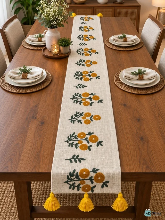 Embroidered Table Runner with Tassels - 13 x 72 inches - Marigold Bunch