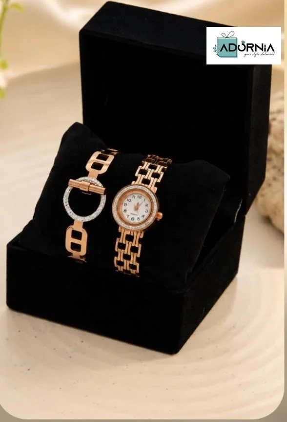 Rose Gold-Tone Watch and Ring-Link Bracelet Gift Set