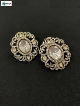 Gold-Tone Moissanite Polki Oval Floral Stud Earrings