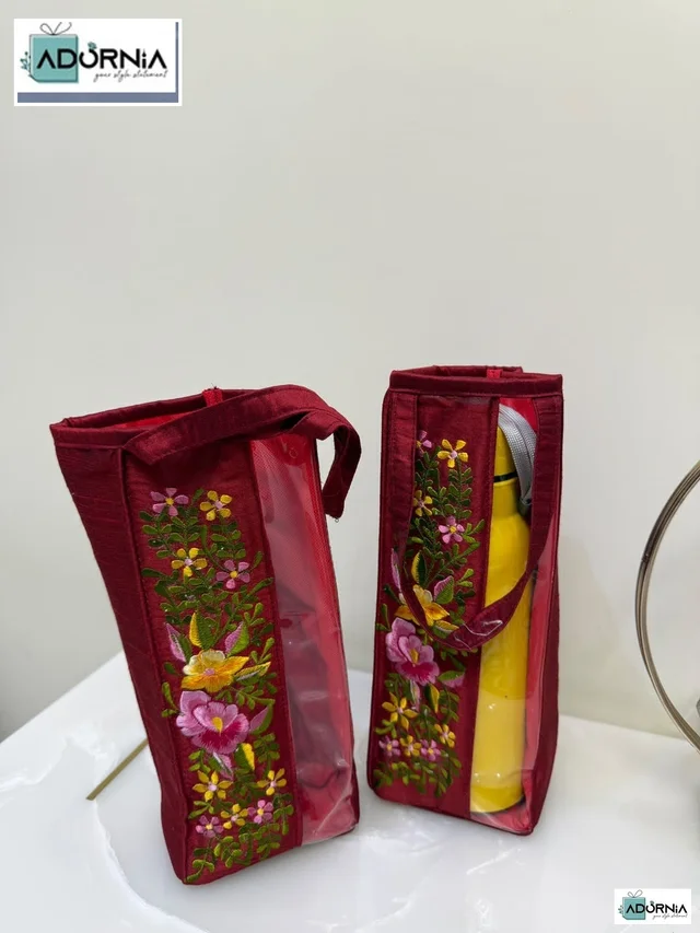 Floral Embroidered Bottle Cover - 11 x 4 Inches - Maroon