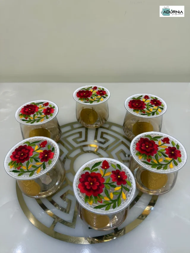 Glass Coasters with Embroidered Floral Tops - Red Floral