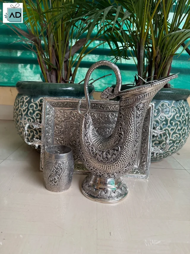 Antique Intricate Jug Glass and Tray Set