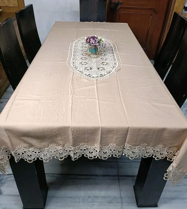 Jute Cotton Table Cover With Crichet Lace
