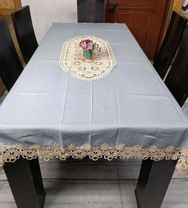 Jute Cotton Table Cover With Crichet Lace