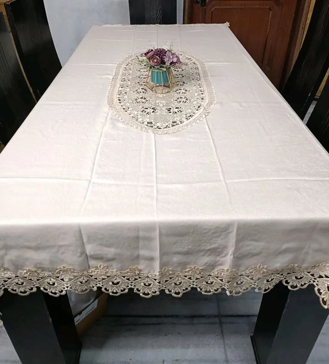 Jute Cotton Table Cover With Crichet Lace