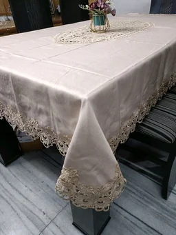 Jute Cotton Table Cover With Crichet Lace