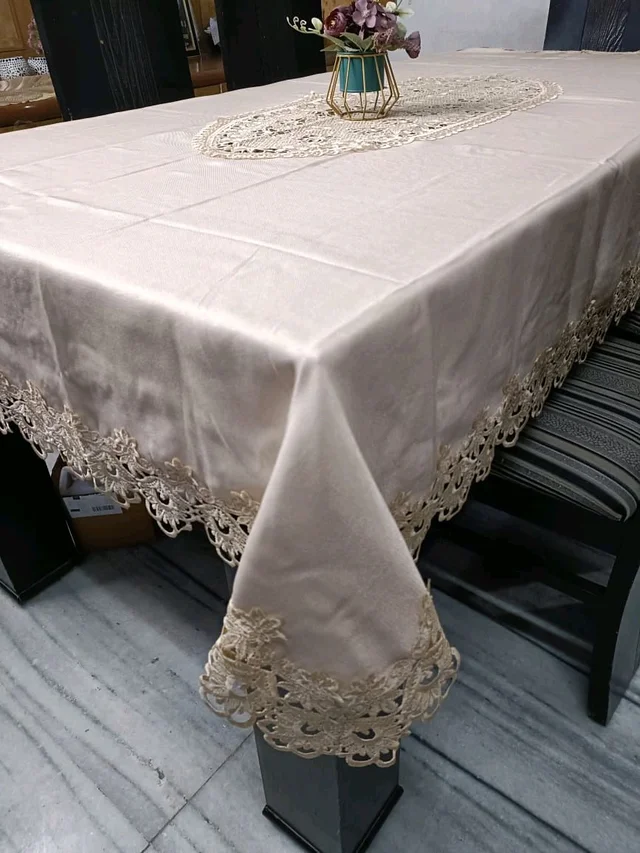 Jute Cotton Table Cover With Crichet Lace