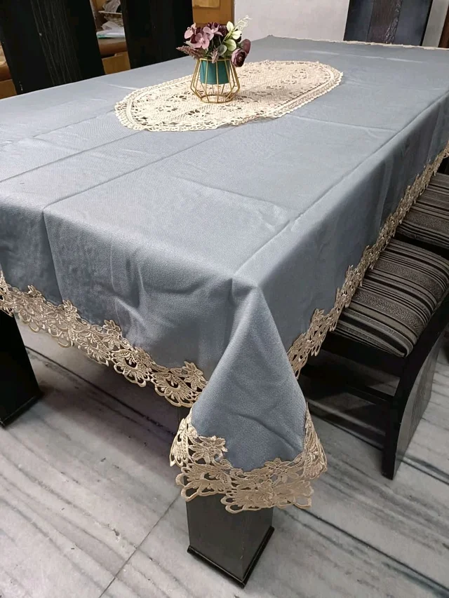 Jute Cotton Table Cover With Crichet Lace