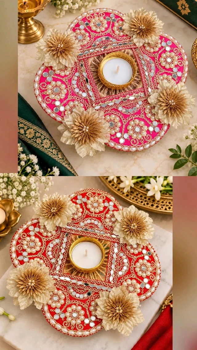 Embroidered Mirror Work Diya Holder