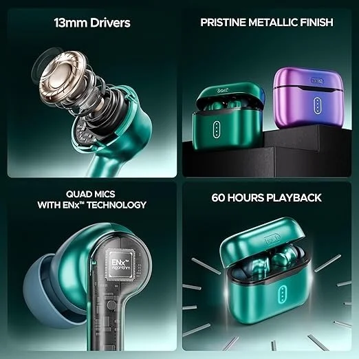 boAt Airdopes 141 Pro Buds, 13mm Drivers, Metallic Finish, 60HRS Battery, 4Mics ENx, Fast Charge, IPX5, v5.3 Bluetooth Earbuds, TWS Ear Buds Wireless Earphones with mic (Martian Green)
