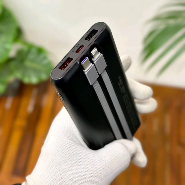 10000mAh Powerbank With 2 Build In Cables | Lithium Polymer Power Bank | Plastic Casing, Lightweight | Extra Ports | For Mobile, Earbuds, Smartwatch, Speaker, Tablet