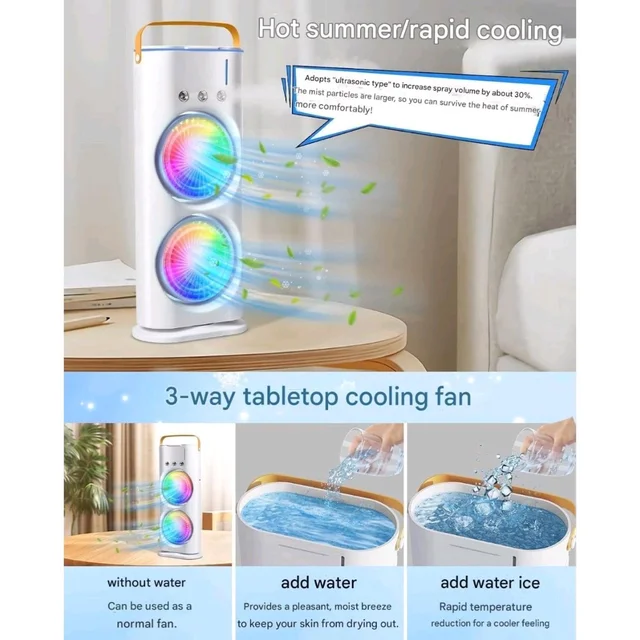 Cold Air Fan, 2025 New 3 Gears USB Rechargeable Oscillating fan with LED Light Cooler Fan, Touch & Remote Control, 280ml Water Tank, Ice Filling Fan (White)