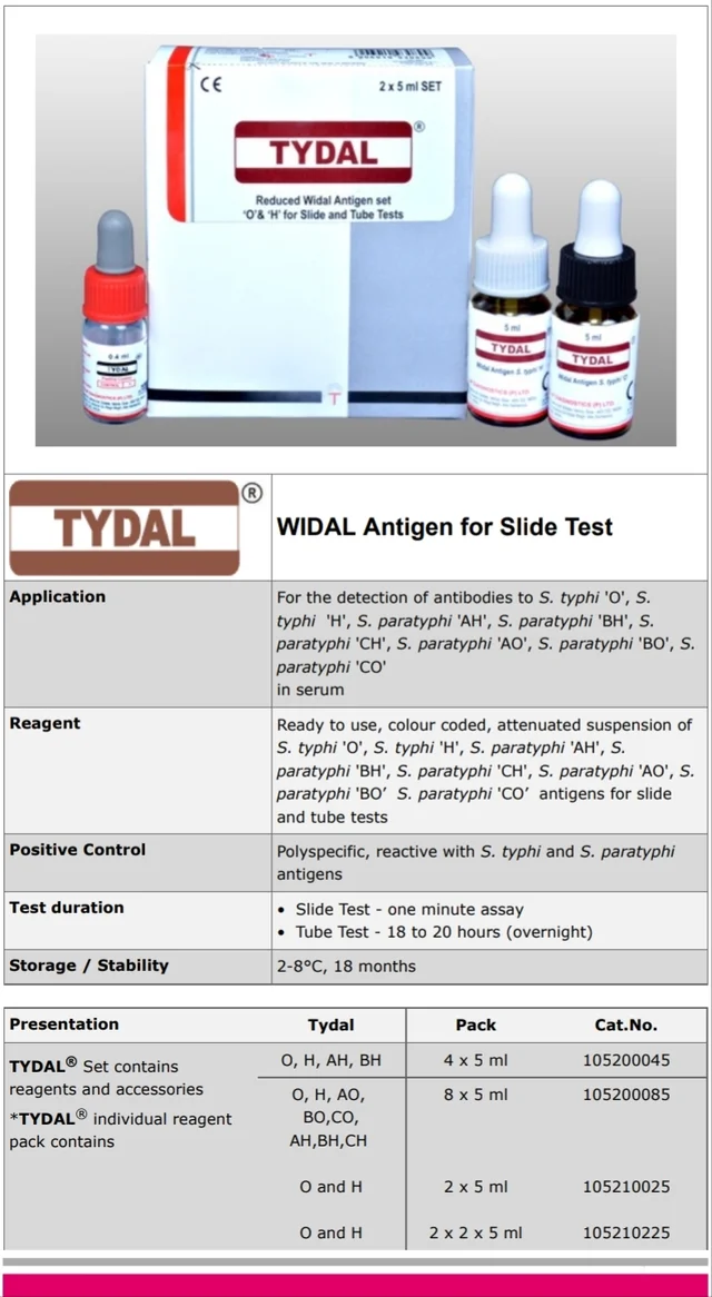 TULIP DIAGNOSTICS Tydal Widal Antigen Set For Slide And Tube Tests - 4×5ml