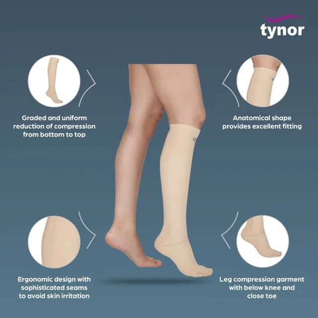 TYNOR COMPRESSION GARMENT LEG BELOW KNEE CLOSED TOE, BEIGE, 1 PAIR - M
