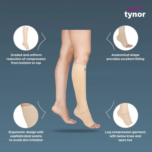 TYNOR COMPRESSION GARMENT LEG BELOW KNEE OPEN TOE, BEIGE, 1 PAIR - L