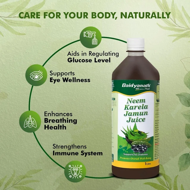 Baidyanath Neem Karela Jamun Juice -1000ml | Natural Remedy for Blood Sugar Management & Reduces Bad Cholesterol | Best For Digestive Health, Diabetic Care, Skin Care & Natural Detox | No Added Sugar - 1 Ltr.
