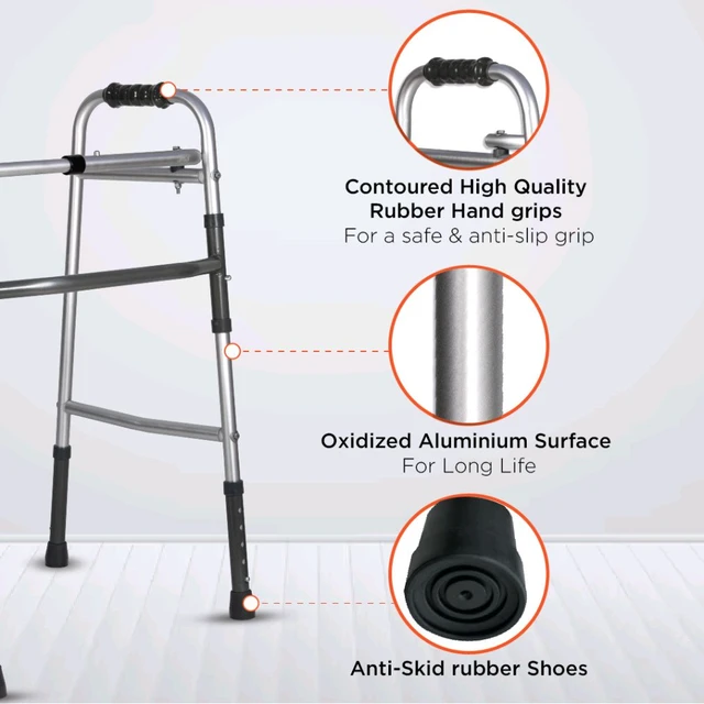 Dura Lite Walker (Aluminium) | Foldable Walking Aid | Adjustable Height | Light Weight | With Premium Grade Rubber Shoes and PVC Grip (Grey)