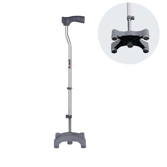 Avanti L Shape Quadripod Stick | Walking Stick with Adjustable Height | Light Weight | 4 Legged Base (Grey)