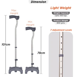 VISSCO Avanti L Shape Quadripod Stick | Walking Stick with Adjustable Height | Light Weight | 4 Legged Base (Grey)