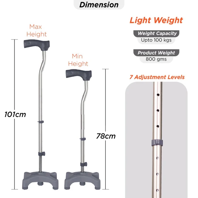 VISSCO Avanti L Shape Quadripod Stick | Walking Stick with Adjustable Height | Light Weight | 4 Legged Base (Grey)