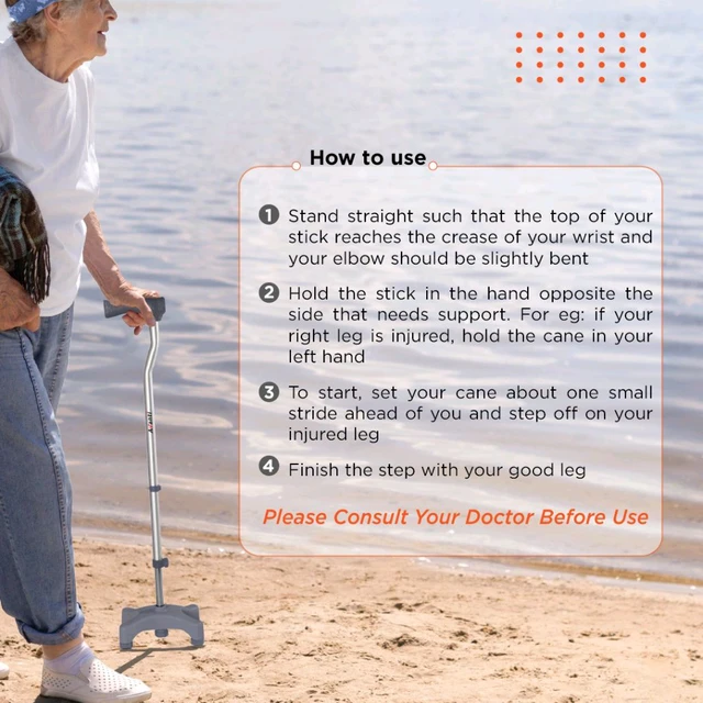 VISSCO Avanti L Shape Quadripod Stick | Walking Stick with Adjustable Height | Light Weight | 4 Legged Base (Grey)