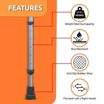 VISSCO Astra Plus Crutch with Height Adjustable Elbow Support & Movable Arm Cuff, Light Weight- Single Piece