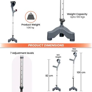 Astra Max Elbow Crutch Tripod Base With Height Adjustable & Movable Elbow Support, Light Weight
