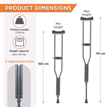 Astra Under Arm Crutches | Adjustable Elbow Support & Height | Light Weight | PVC grip Handle - Small