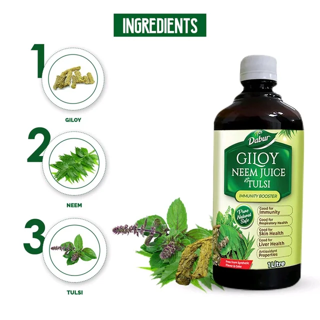 Dabur Giloy Neem Tulsi Juice for Immunity, Respiratory, Skin & Liver Health - 1Ltr.