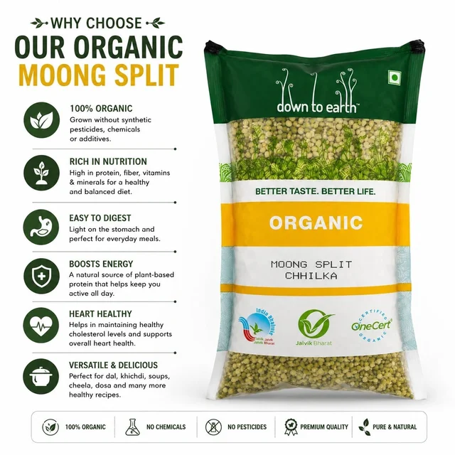Down To Earth Organic Moong Split Chhilka 1Kg