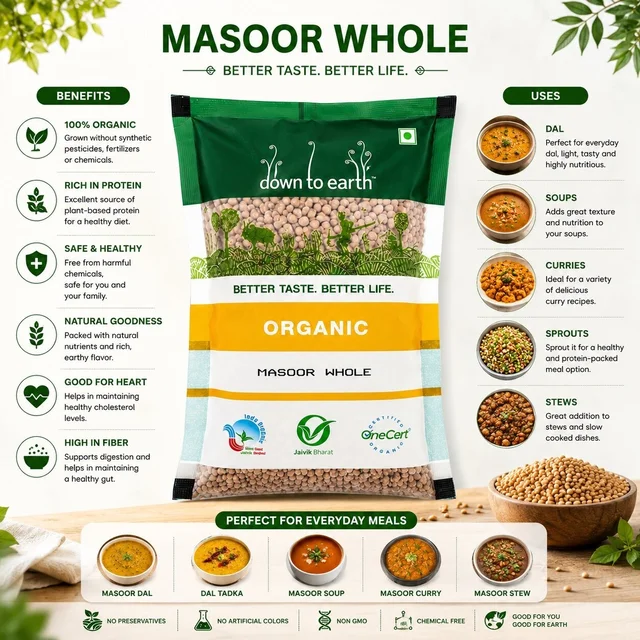 Down To Earth Organic Masoor Whole 500 g