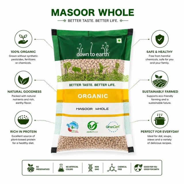Down To Earth Organic Masoor Whole 1 Kg