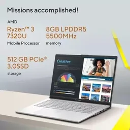 ASUS Vivobook Go 15 (2023), AMD Ryzen 3 7320U, 15.6-inch (39.62 cm) FHD, Thin & Light Laptop (8GB/512GB SSD/Windows 11/Office 2021/Alexa Built-in/Cool Silver/1.63 kg), E1504FA-NJ321WS - 39.62 cm (15.6 Inch), Silver, Ryzen 7 Hexa Core, 512 GB, 8 GB, LPDDR5, 7320U, up to 4.1GHz, SSD, NO, AMD, 6MB, AMD Radeon AMD, Windows 11 Home, Laptop, Power Adaptor, User Guide, Warranty Documents