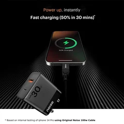 Noise Power Series 30W Gan Charger: 2 Ports (1 USB-C Type, 1 USB-A), iPhone 0-50% In 30Mins, With Globally Compatible, Supports All iPhones, Android Phones, Tablets (Black) - 30W GAN