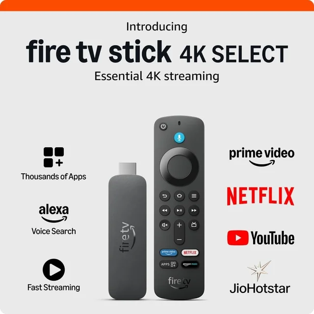 Amazon Fire TV Stick 4K Select (newest model), start streaming in 4K, Alexa voice search, stream lakhs of movies & episodes, free and live TV - TV STICK 4K SELECT, Black