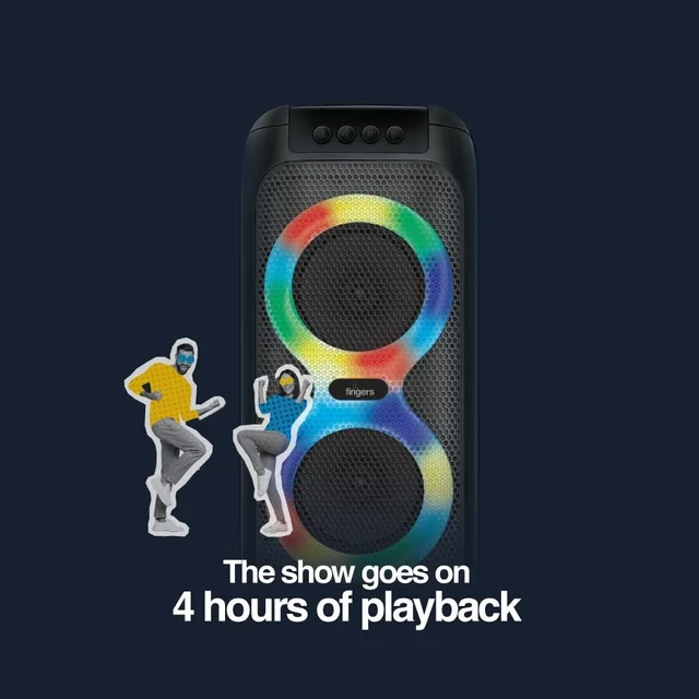 FINGERS 2Mic-ThunderBox45 Portable Speaker with 2 Wireless Mics (40W Immersive Bass, 6.5-Hour Playtime, Dazzling RGB Lights, Recording Feature, TWS Enabled, Bluetooth | USB | AUX | MicroSD | FM Radio - THUNDERBOX 2MIC 45W