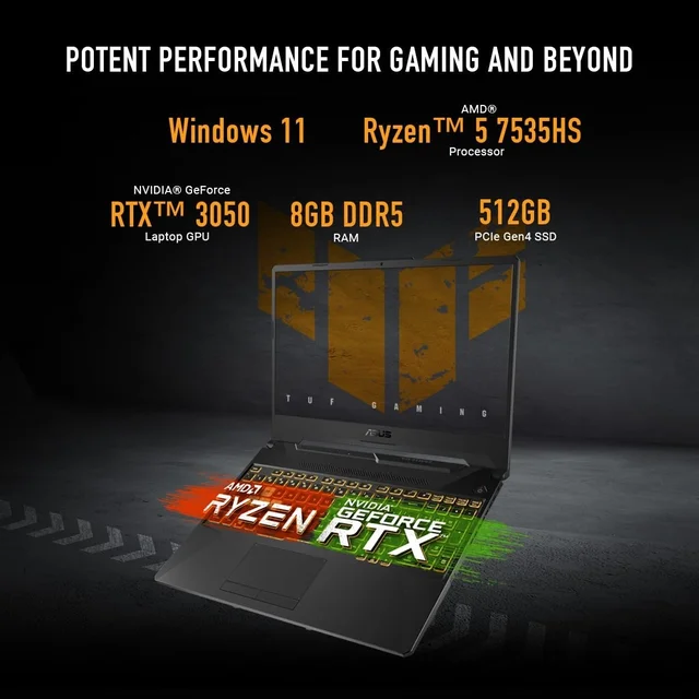 ASUS A15 TUF GAMING FA506NC R7-7445HS/16GB/512GB/4GB RTX3050/WIN11 - 39.62 cm (15.6 Inch), Black, Ryzen 5 Hexa Core, 512 GB, 16 GB, DDR5, 7535HS, Up to 4.55GHz, SSD, NO, AMD, NVIDIA GeForce RTX 3050, Windows 11, Laptop, Power Adaptor, User Guide, Warranty Documents