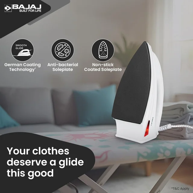 Bajaj DX-6 1000 Watts Dry Iron | Advance Soleplate And Anti-Bacterial German Coating Technology | Thermol Fuse Safety | Auto Shut-Off | Cool Touch Body | 2 Yr Warranty | White - DX6